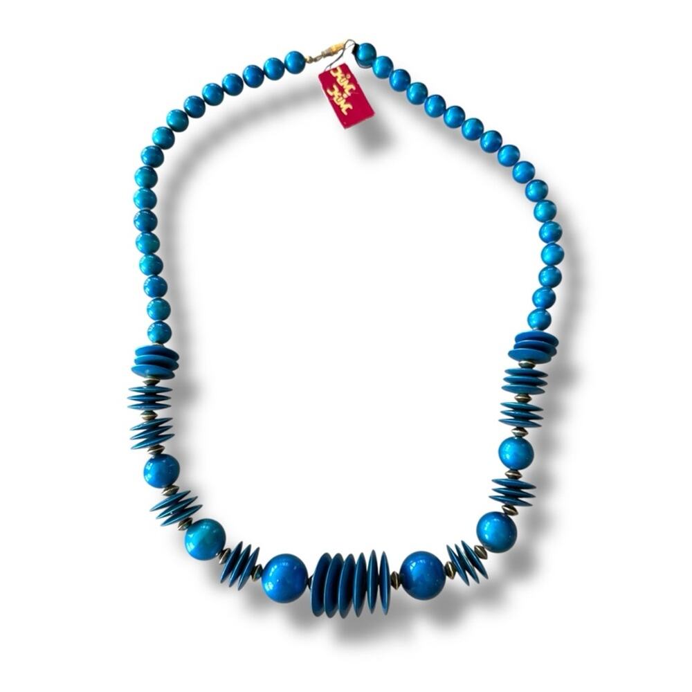 Vintage 1980s Blue Beaded Plastic Statement Necklace Deadstock NOS 25” Kim